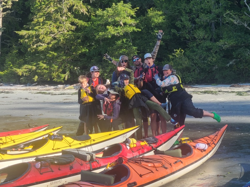 Kayaking in a group-group photo at the beach